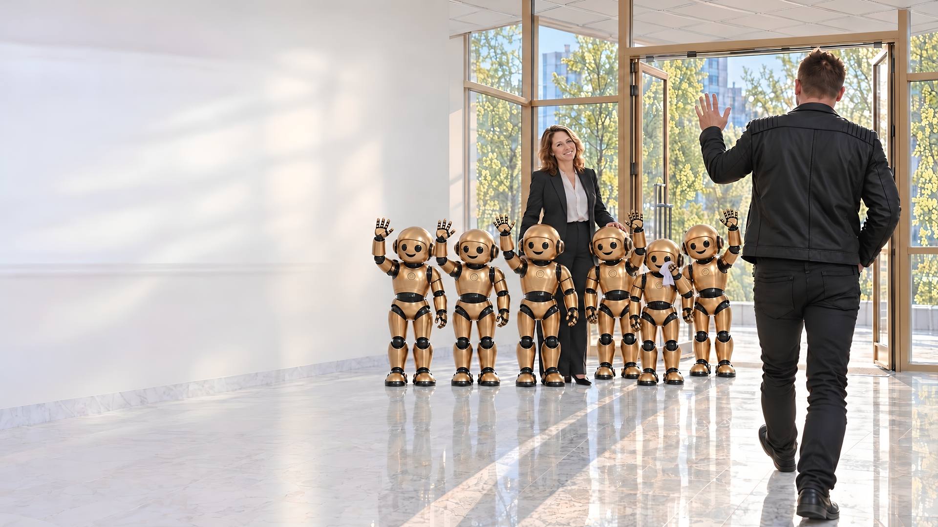 Andrei pleacă din birou; roboții și managera clientului îl salută